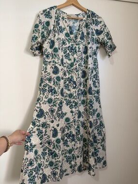 LOFT White Midi Dress with Blue and Green Floral Print